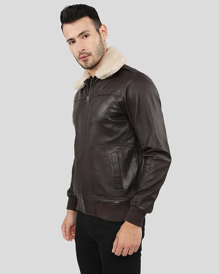 Knox Brown Bomber Leather Jacket with Removable Collar