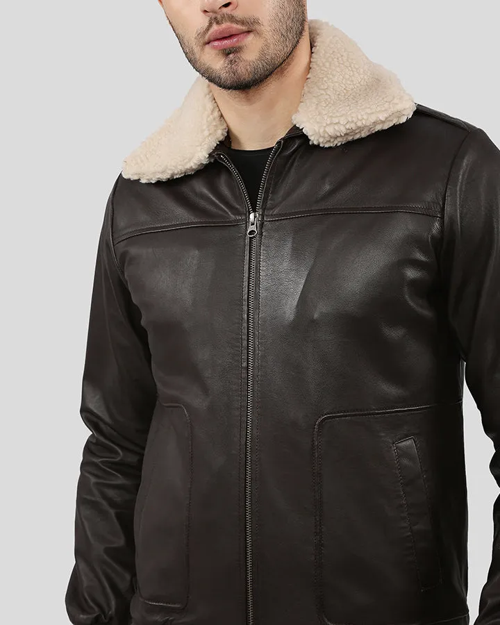 Knox Brown Bomber Leather Jacket with Removable Collar