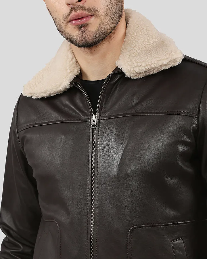 Knox Brown Bomber Leather Jacket with Removable Collar