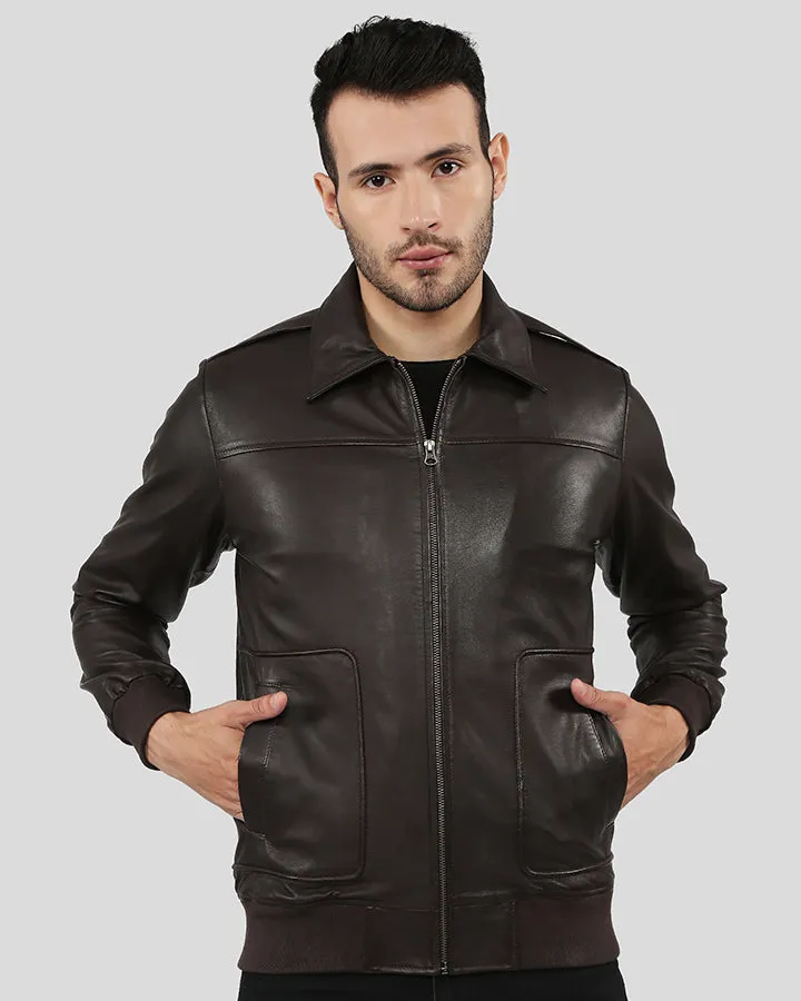 Knox Brown Bomber Leather Jacket with Removable Collar