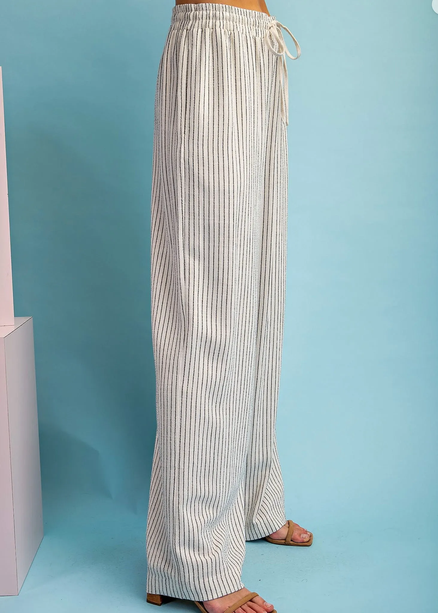 Liv, Womens Drawstring, Linen Pants, Beige with Black Pin Stripe