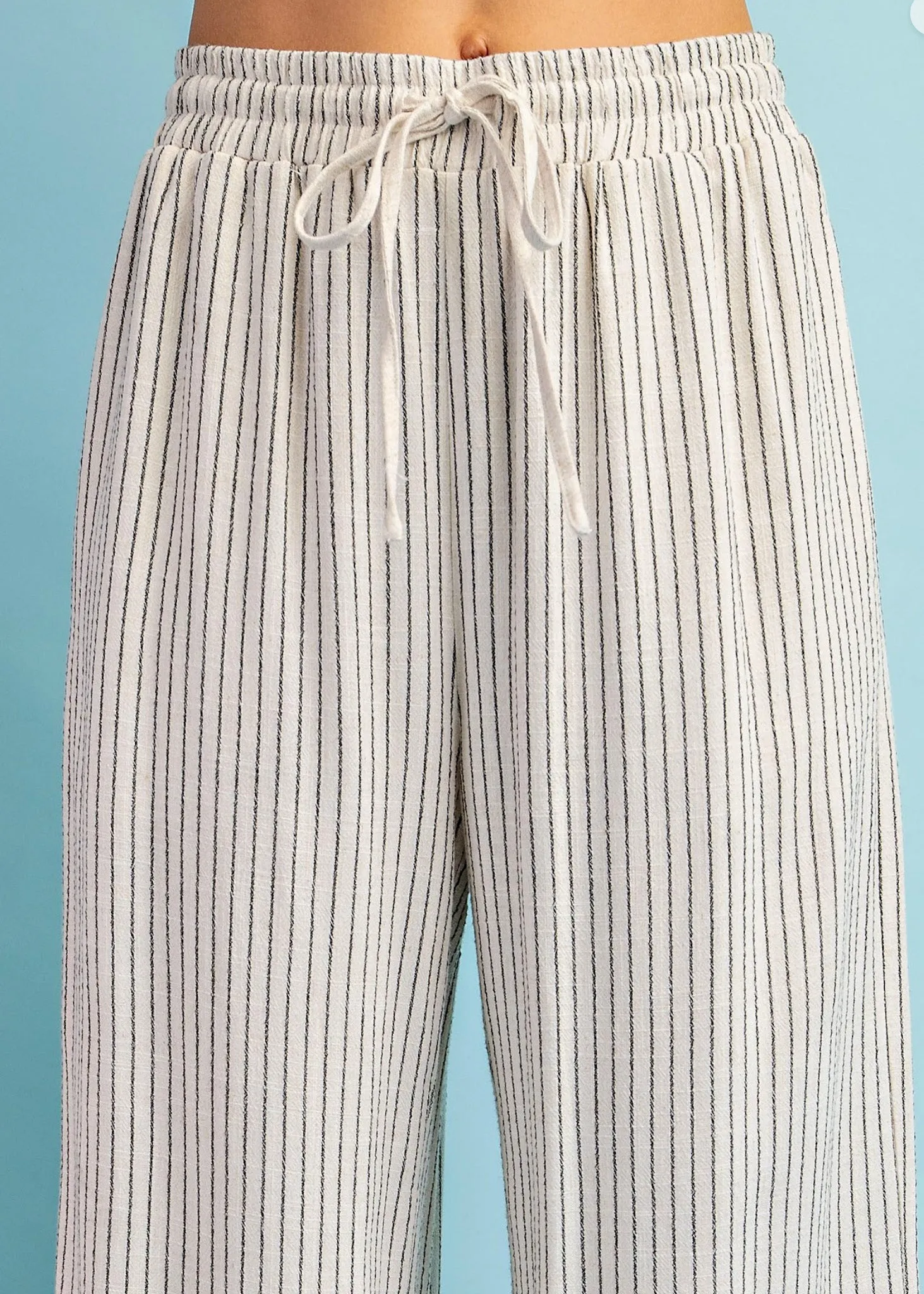 Liv, Womens Drawstring, Linen Pants, Beige with Black Pin Stripe