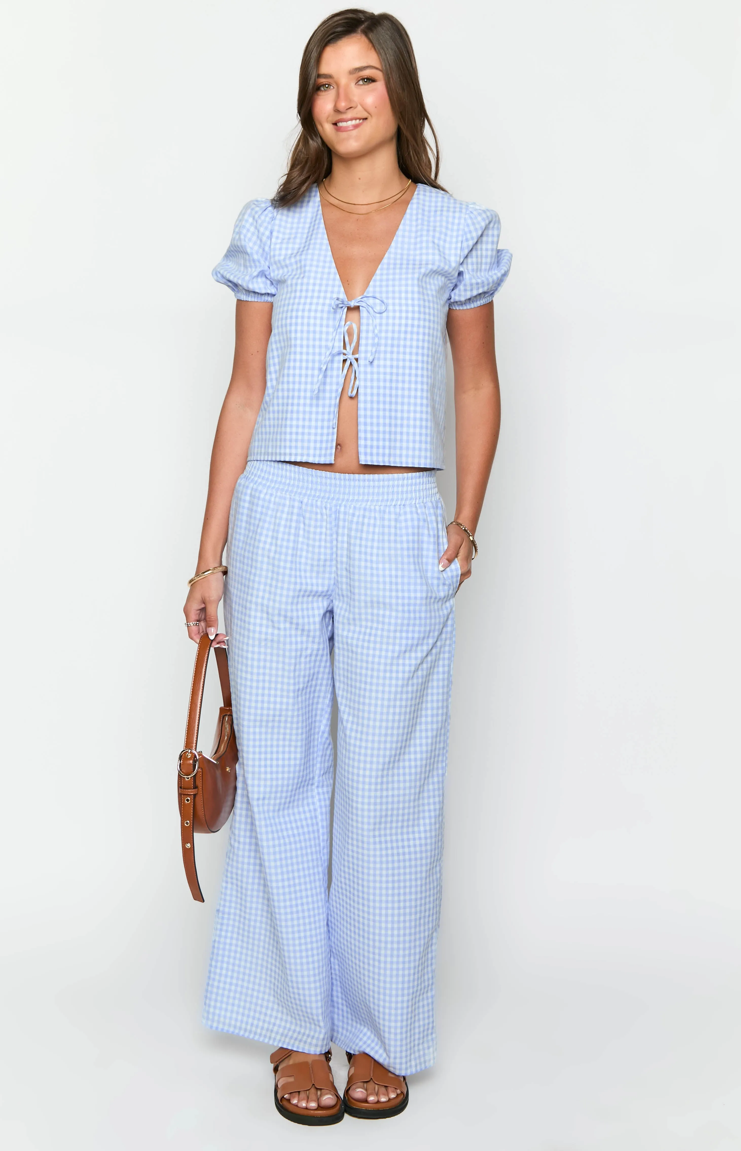 Lunya Blue Gingham Tie Up Top