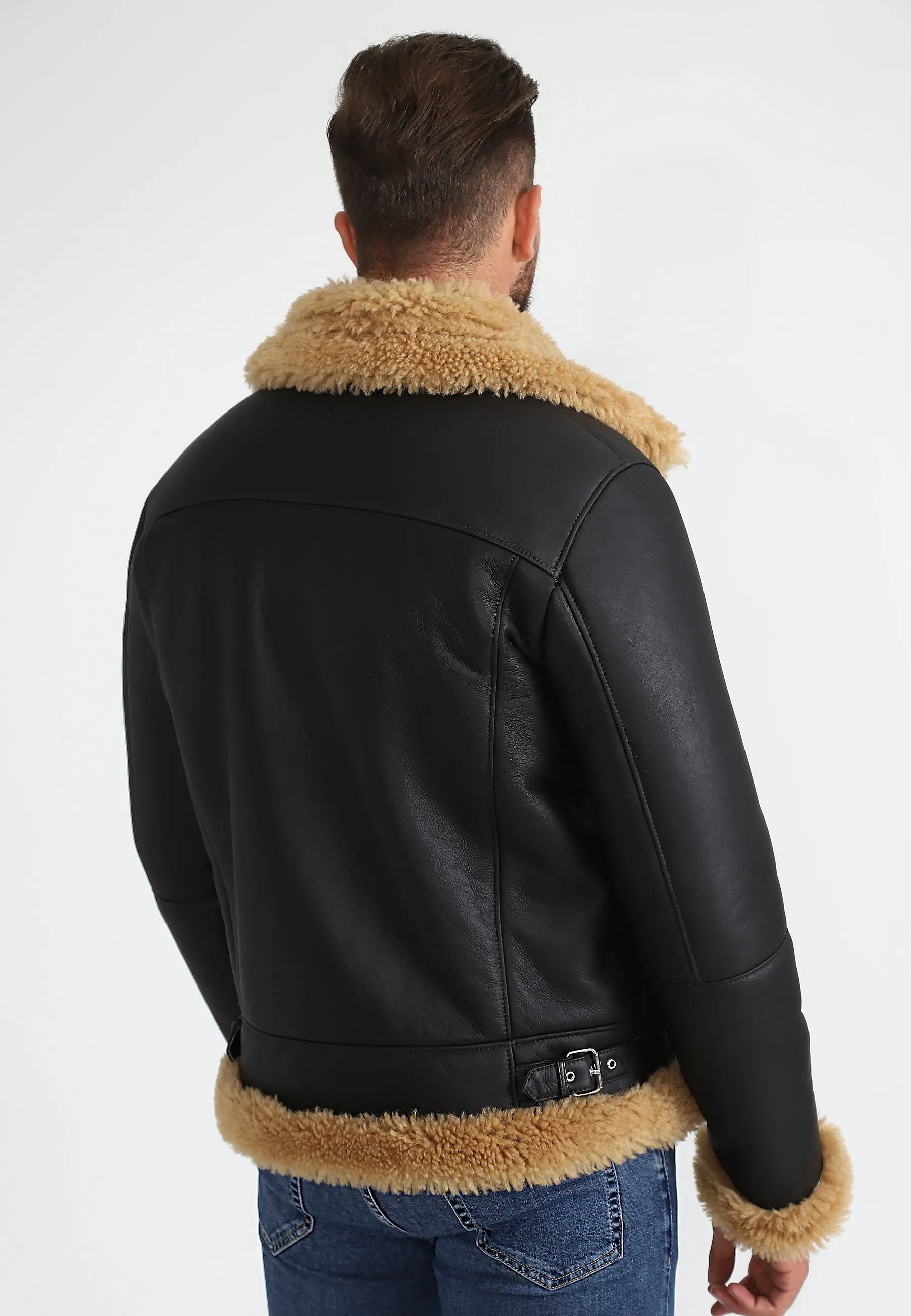 Men's Shearling RAF B3 Aviator Jacket, Silky Brown with Ginger Curly Wool