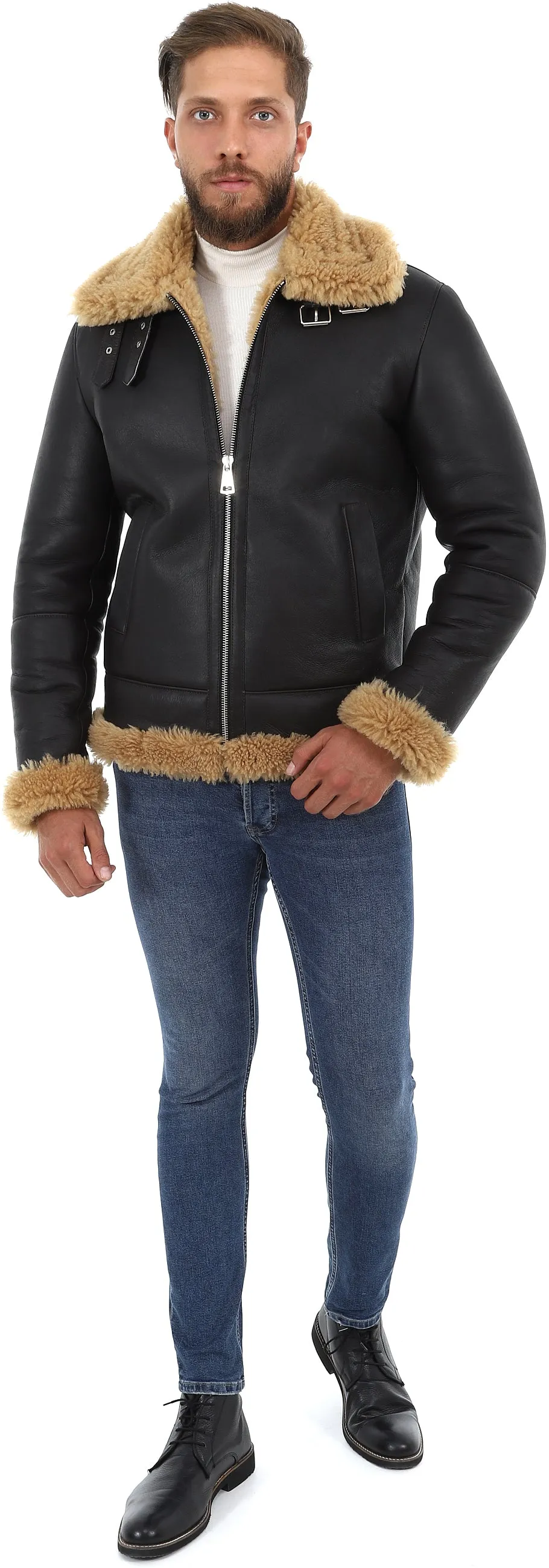 Men's Shearling RAF B3 Aviator Jacket, Silky Brown with Ginger Curly Wool