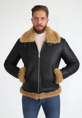 Men's Shearling RAF B3 Aviator Jacket, Silky Brown with Ginger Curly Wool