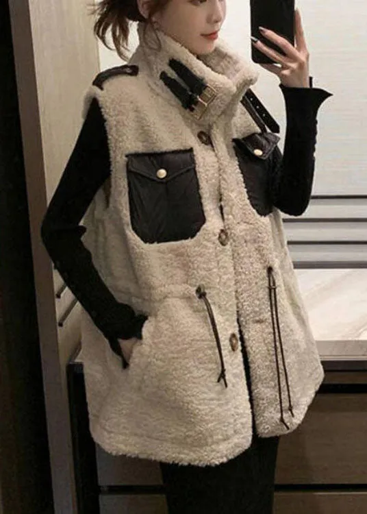 Modern Beige drawstring Pockets Winter Sleeveless Teddy Vest Jacket