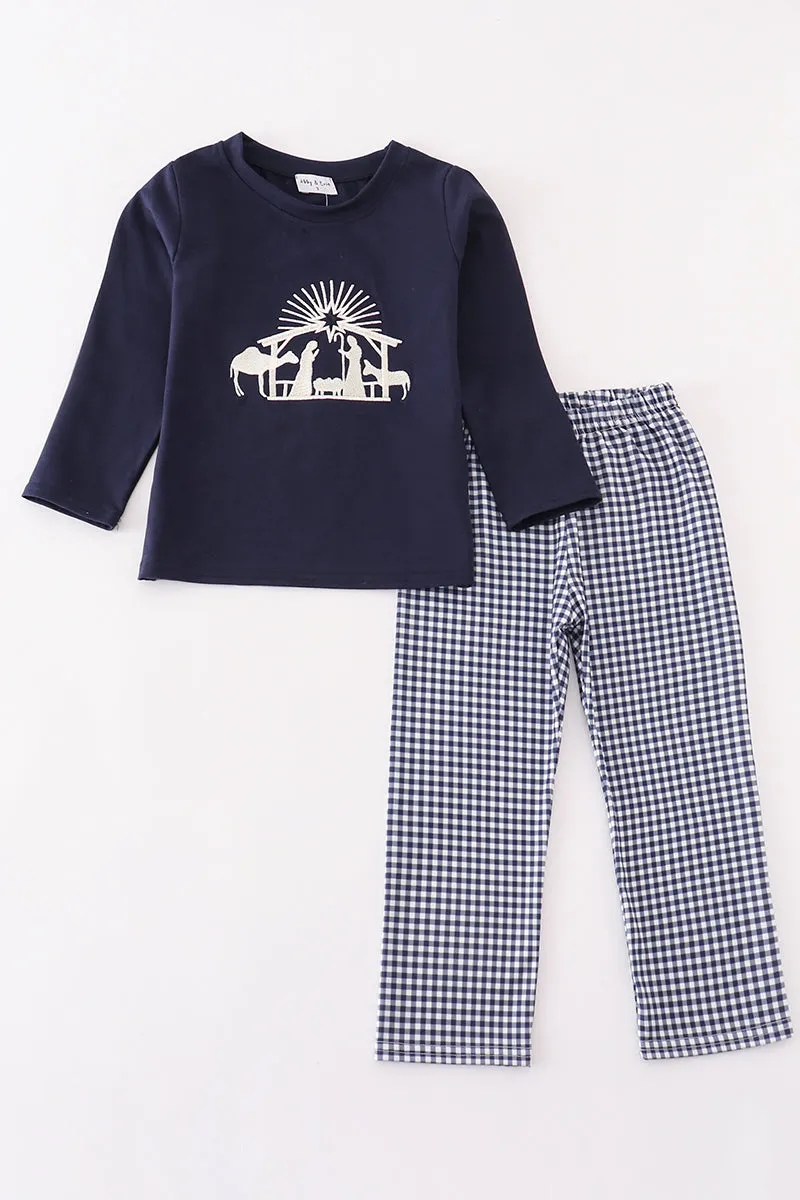 Navy nativity embroidery gingham boy set