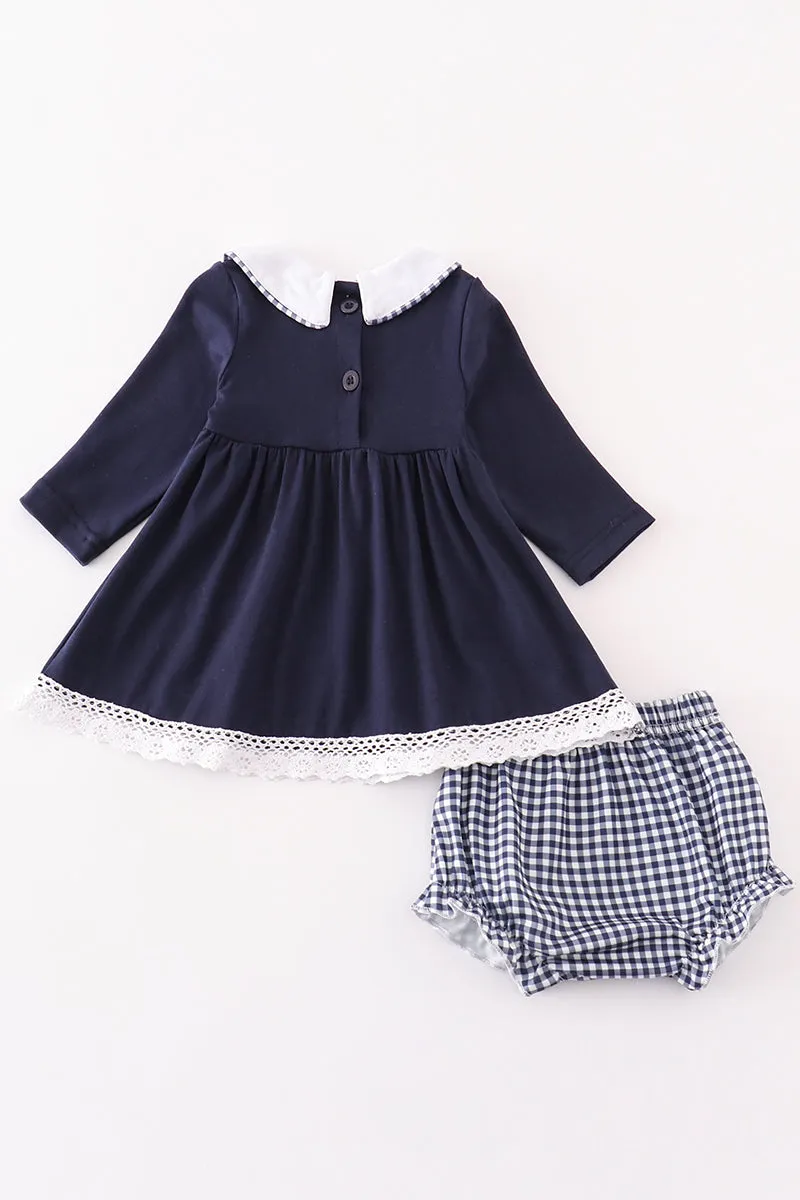 Navy nativity embroidery gingham girl bloomers set