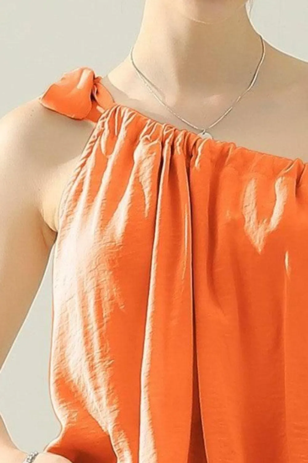 One Shoulder Bow Tie Satin Silk Top