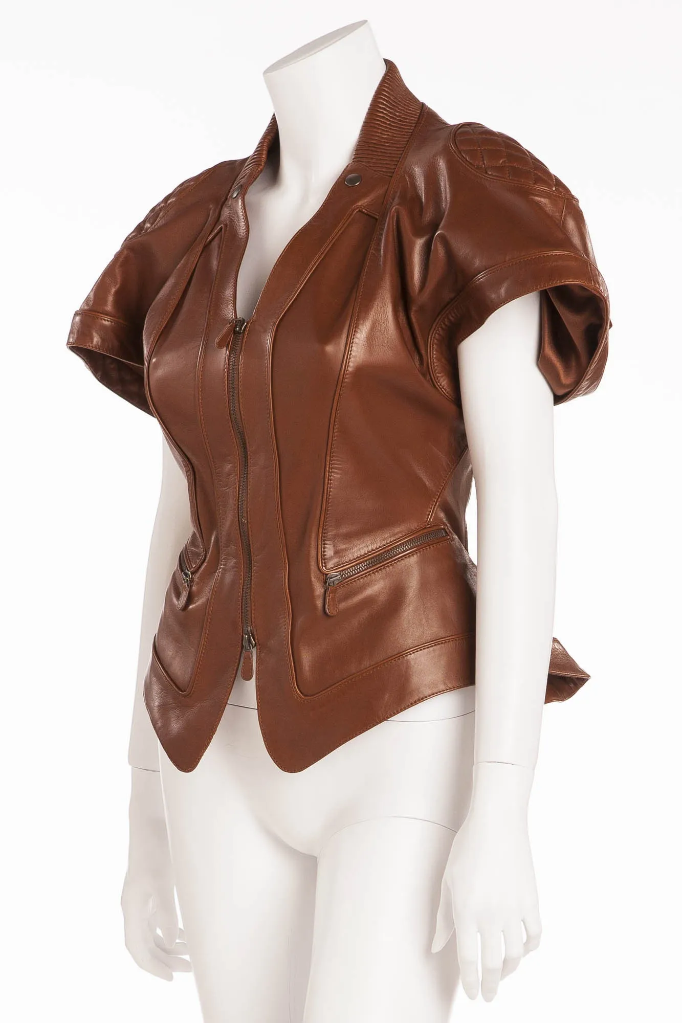 Original Alexander McQueen - Editorial, Tan Short Sleeve Peplum Leather Jacket - IT 40