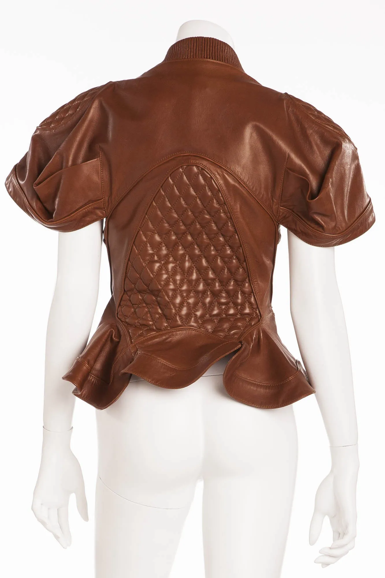 Original Alexander McQueen - Editorial, Tan Short Sleeve Peplum Leather Jacket - IT 40