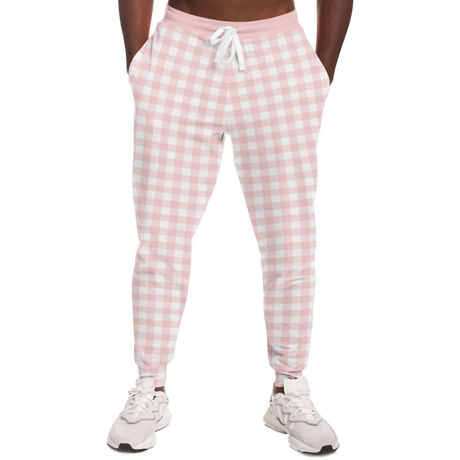 Pale Pink Gingham Check Unisex Fleece Joggers