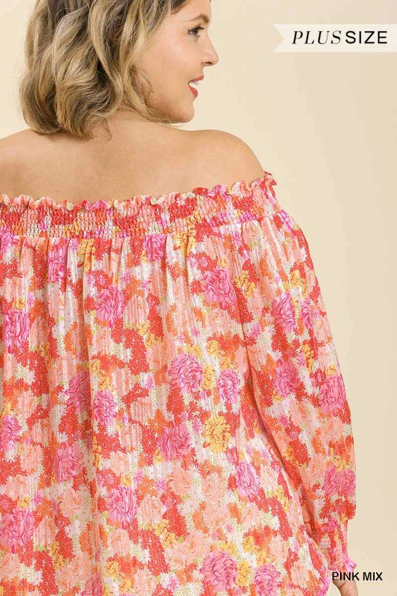 Plus Size Sheer Floral Off Shoulder Pink Blouse