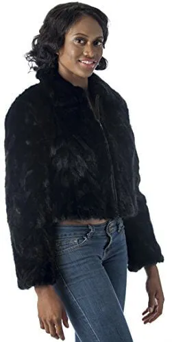 REED Women's Genuine Mink Fur Bomber Jacket -100% Real Fur (Small, Black)