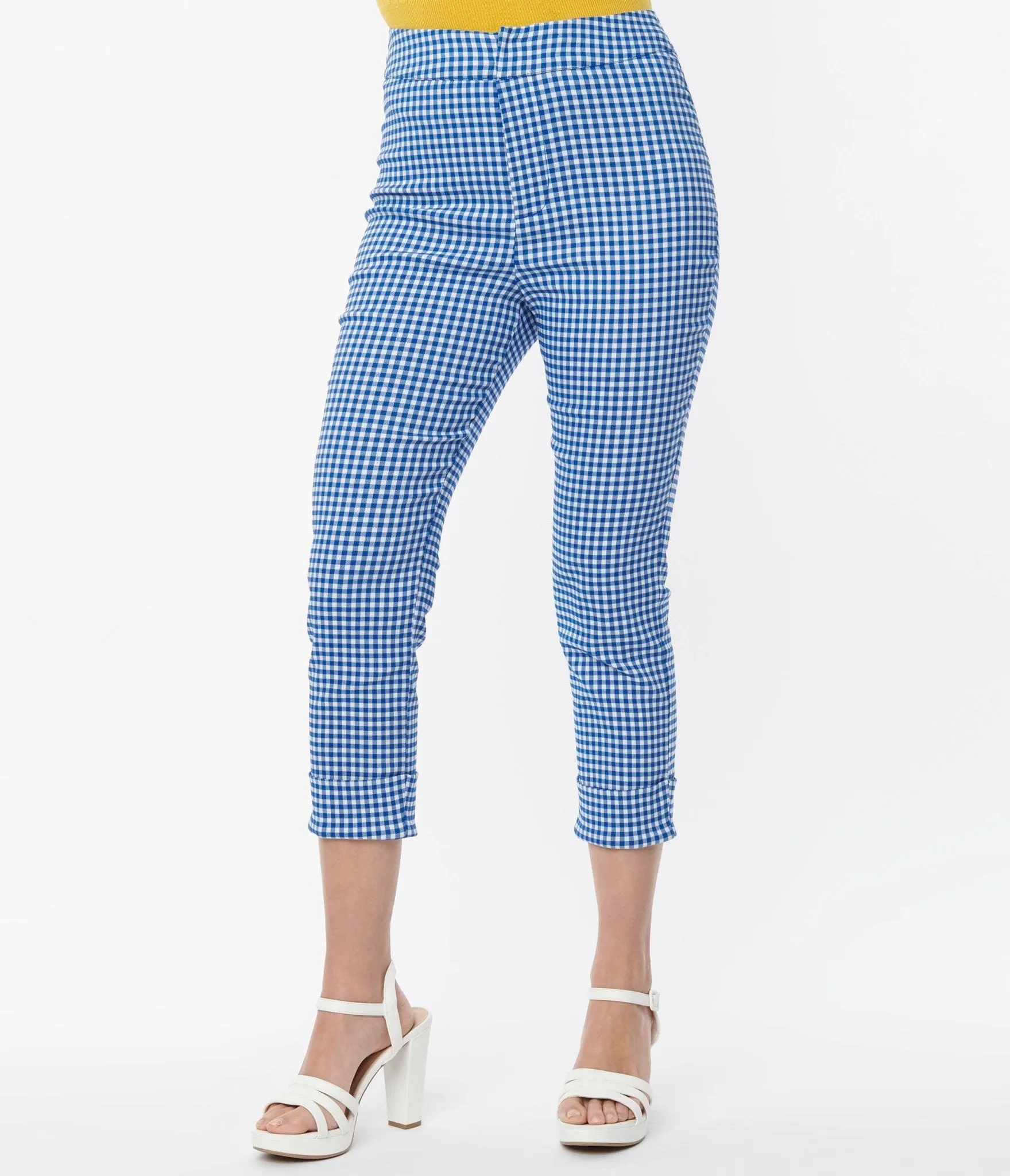 Smak Parlour Blue Gingham Tulip Pocket Smarty Pants Capri