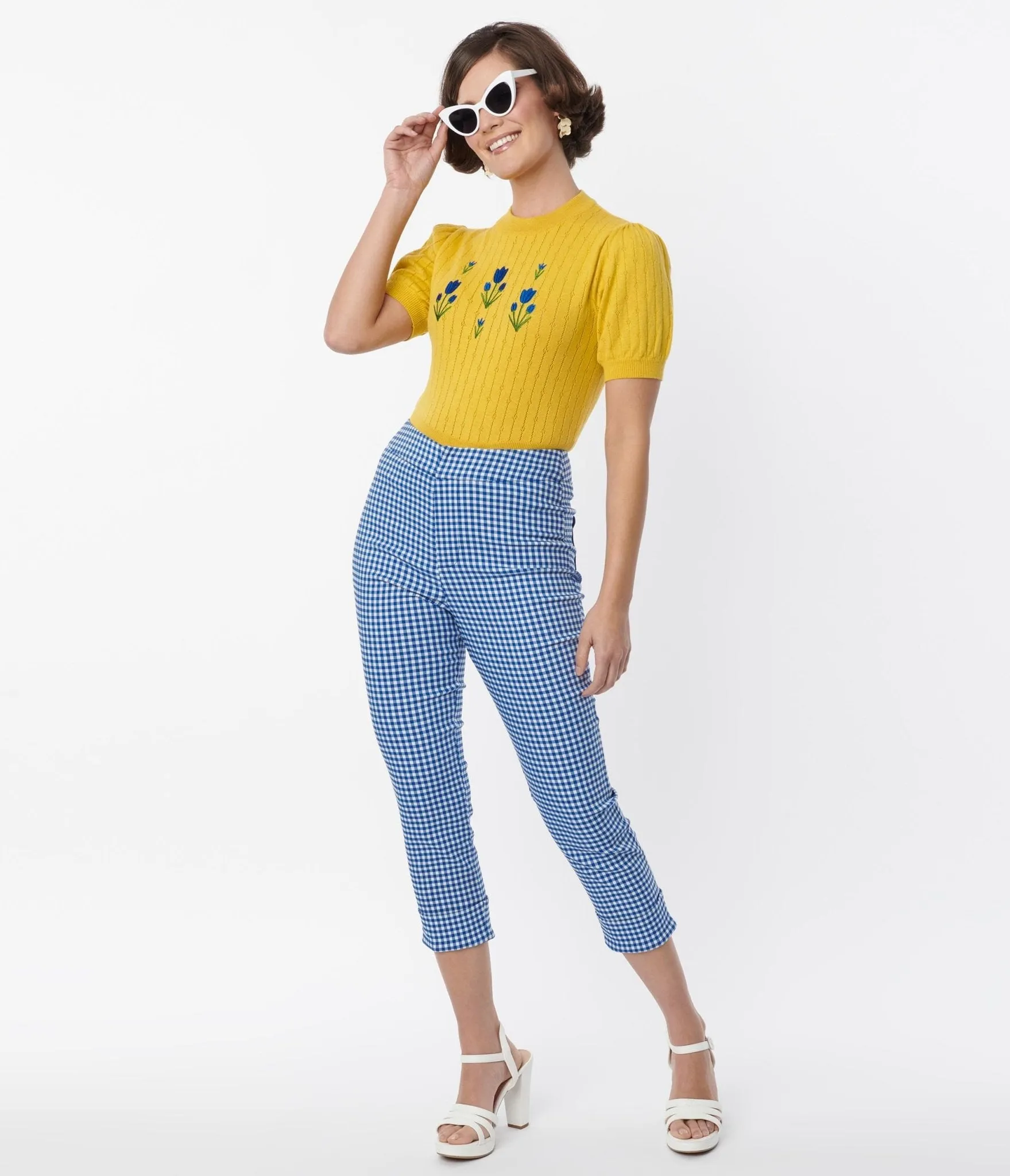 Smak Parlour Blue Gingham Tulip Pocket Smarty Pants Capri