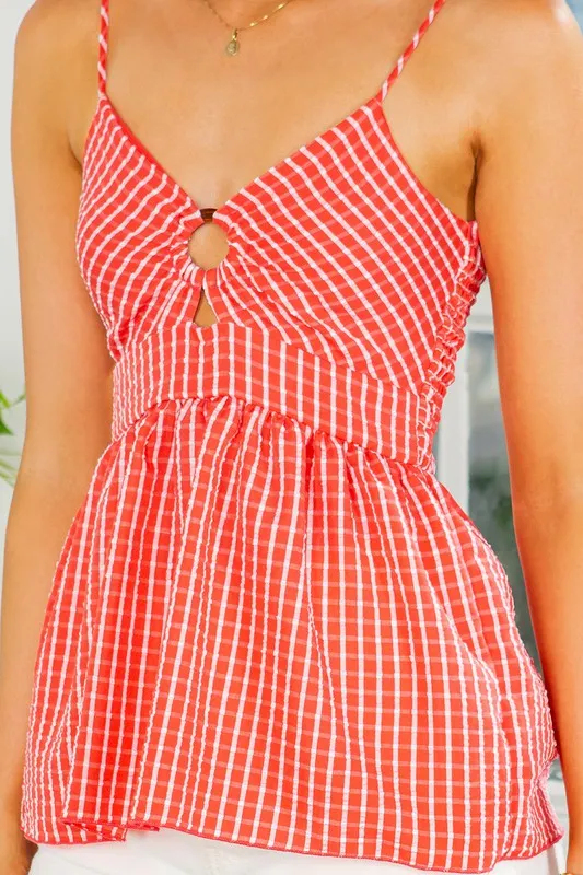 Smocked Back Gingham Peplum Top-3 Colors