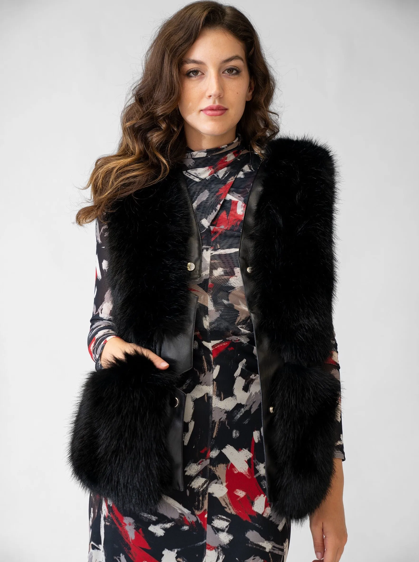 Snap Front Faux Fur & Faux Leather Vest