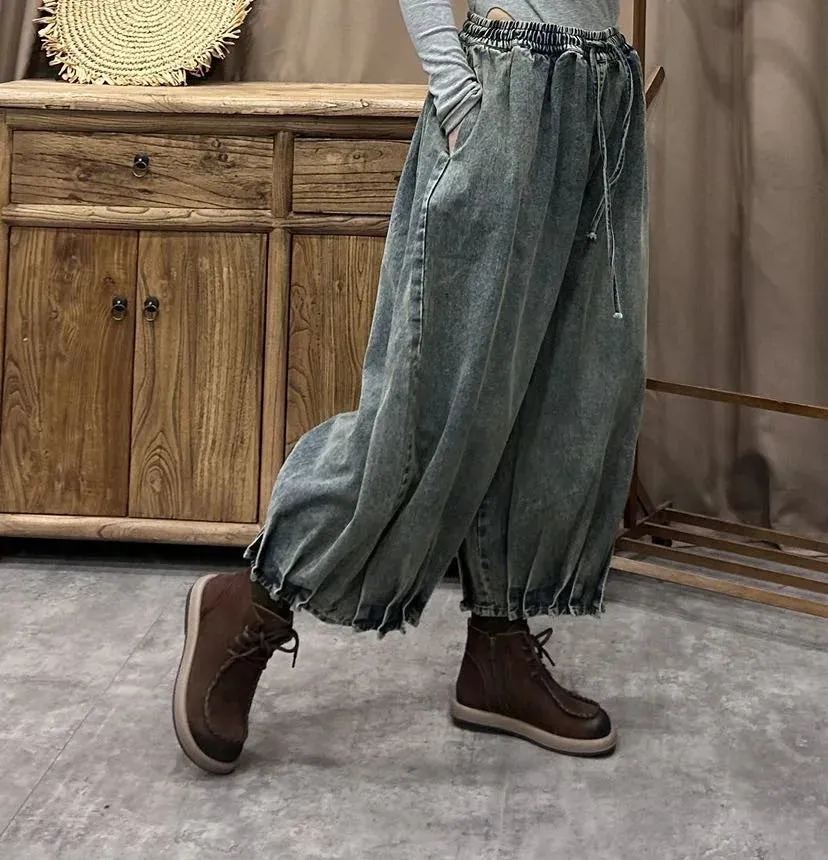 TEEK - Ethnic Elastic Waist Loose Denim Wide Leg Pants