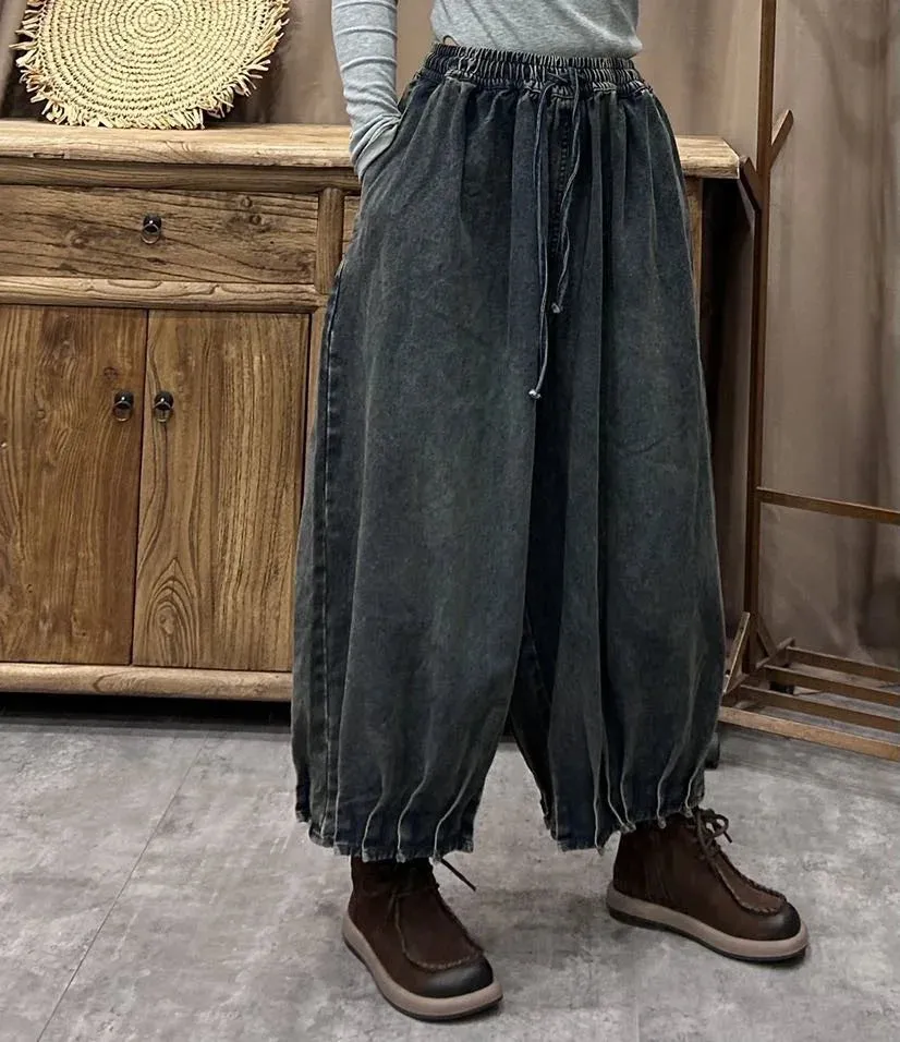 TEEK - Ethnic Elastic Waist Loose Denim Wide Leg Pants