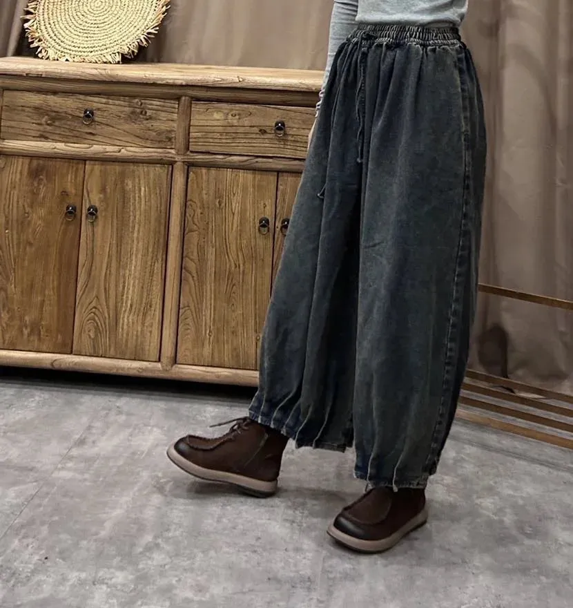 TEEK - Ethnic Elastic Waist Loose Denim Wide Leg Pants