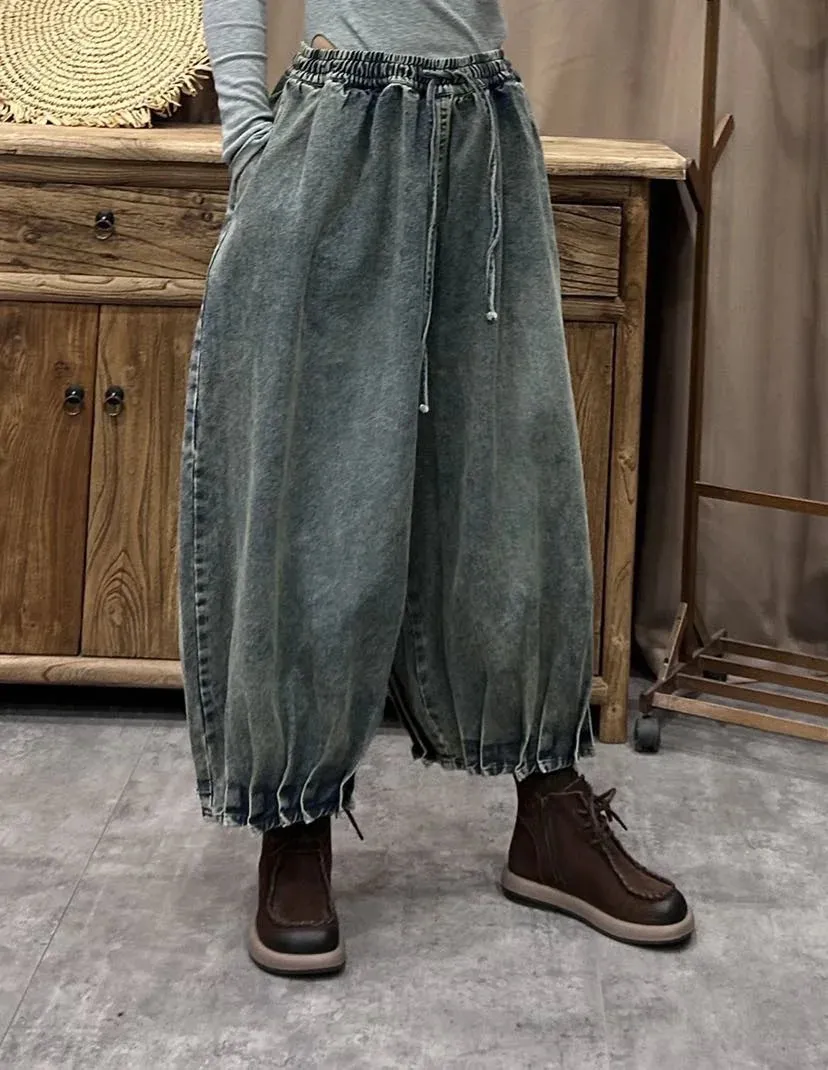 TEEK - Ethnic Elastic Waist Loose Denim Wide Leg Pants