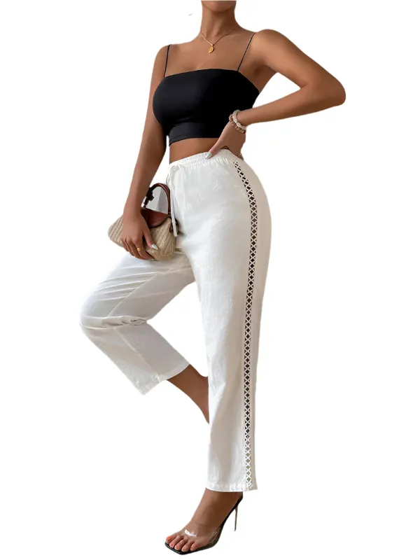 TEEK - White Side Net Elastic Drawstring Straight Pants