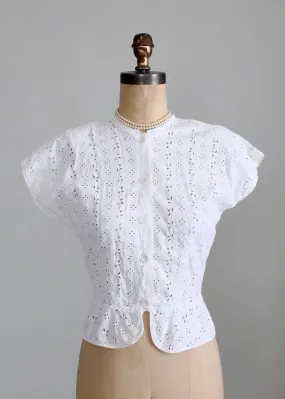 Vintage 1940s White Eyelet Peplum Blouse