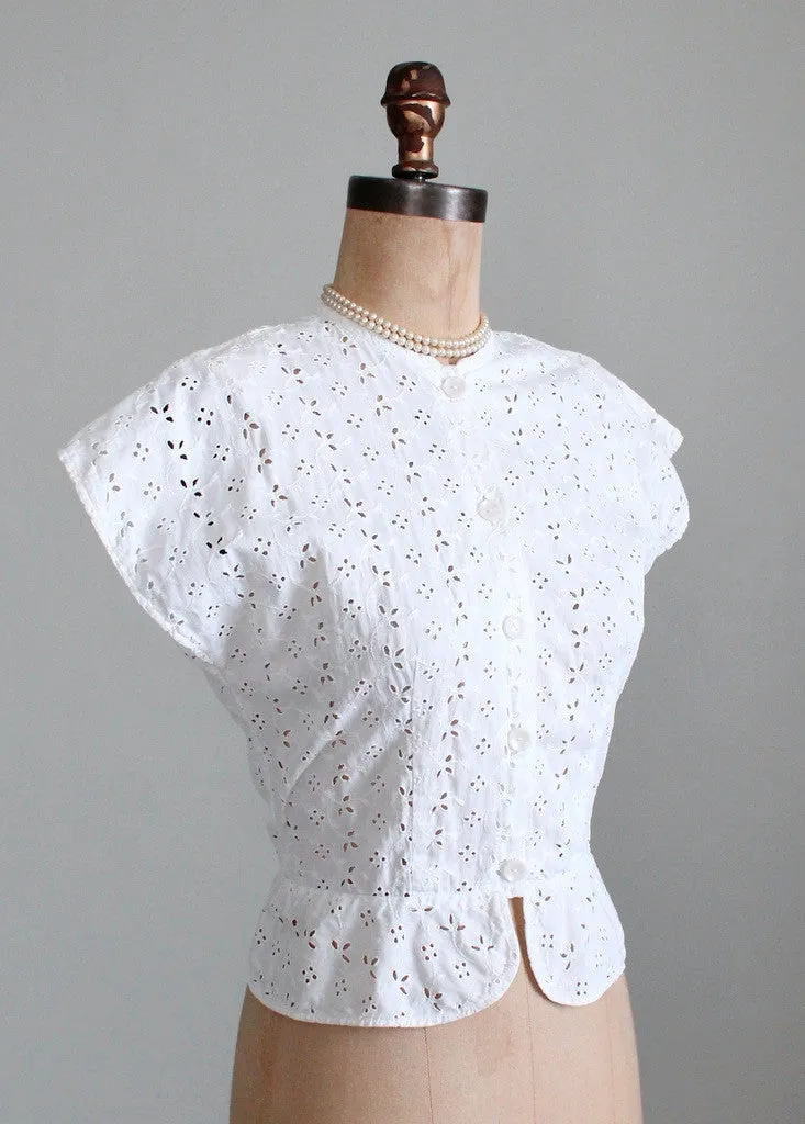 Vintage 1940s White Eyelet Peplum Blouse