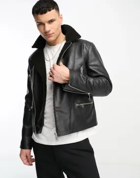 Vortexix Black Shearling Double Rider Leather Jacket