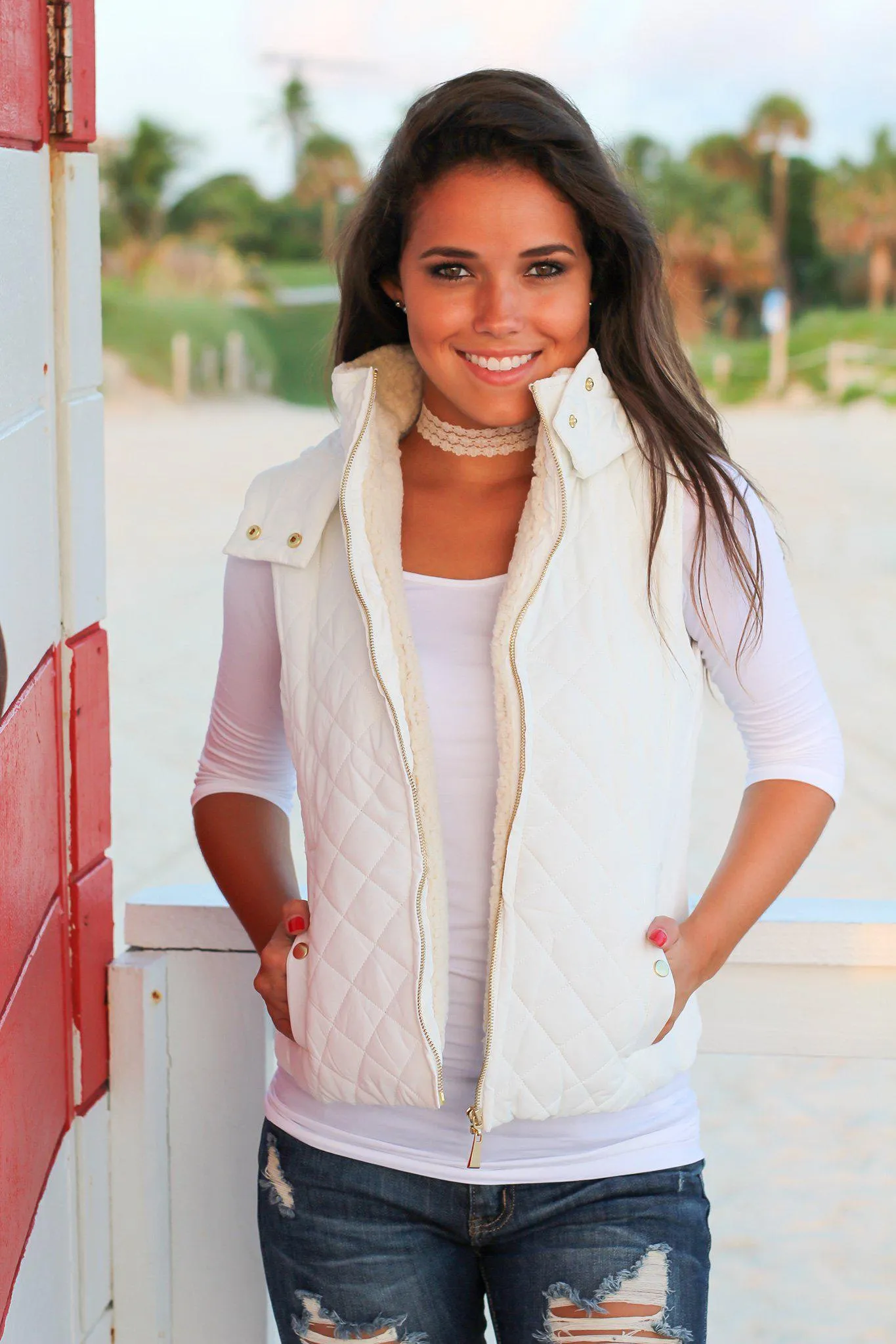 White Quilted Vest with Fur Collar