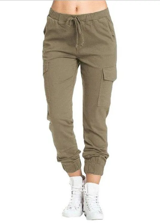 Women Casual Elastic Waist Drawstring Side Pockets Pants