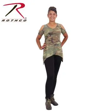 Womens Camo Cold Shoulder Top