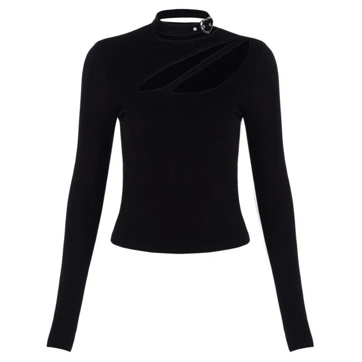 Women's Solid Color Long Sleeved Cutout T-shirts With Choker